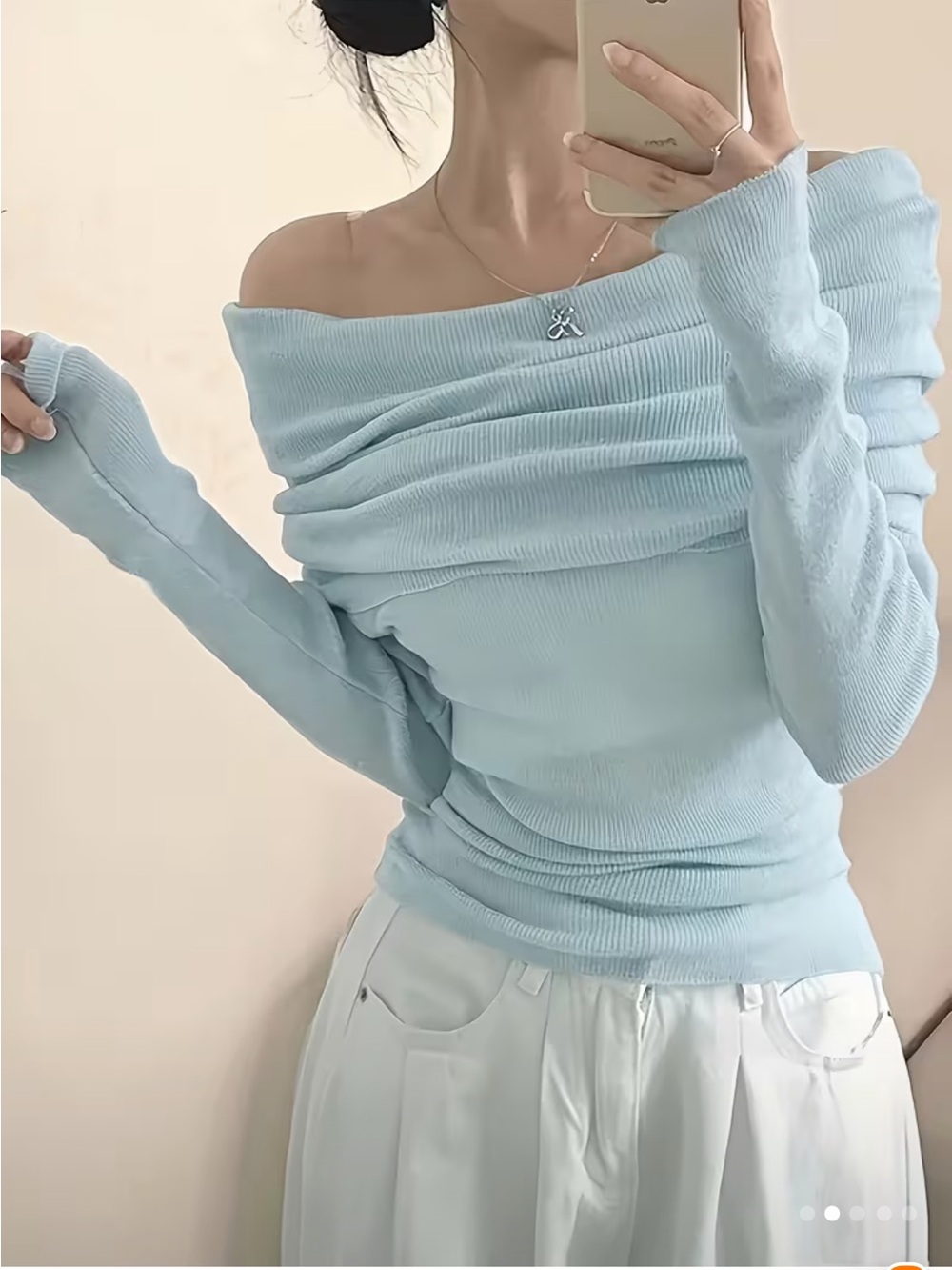 Off-the-Shoulder Light Blue Women’s Sweater